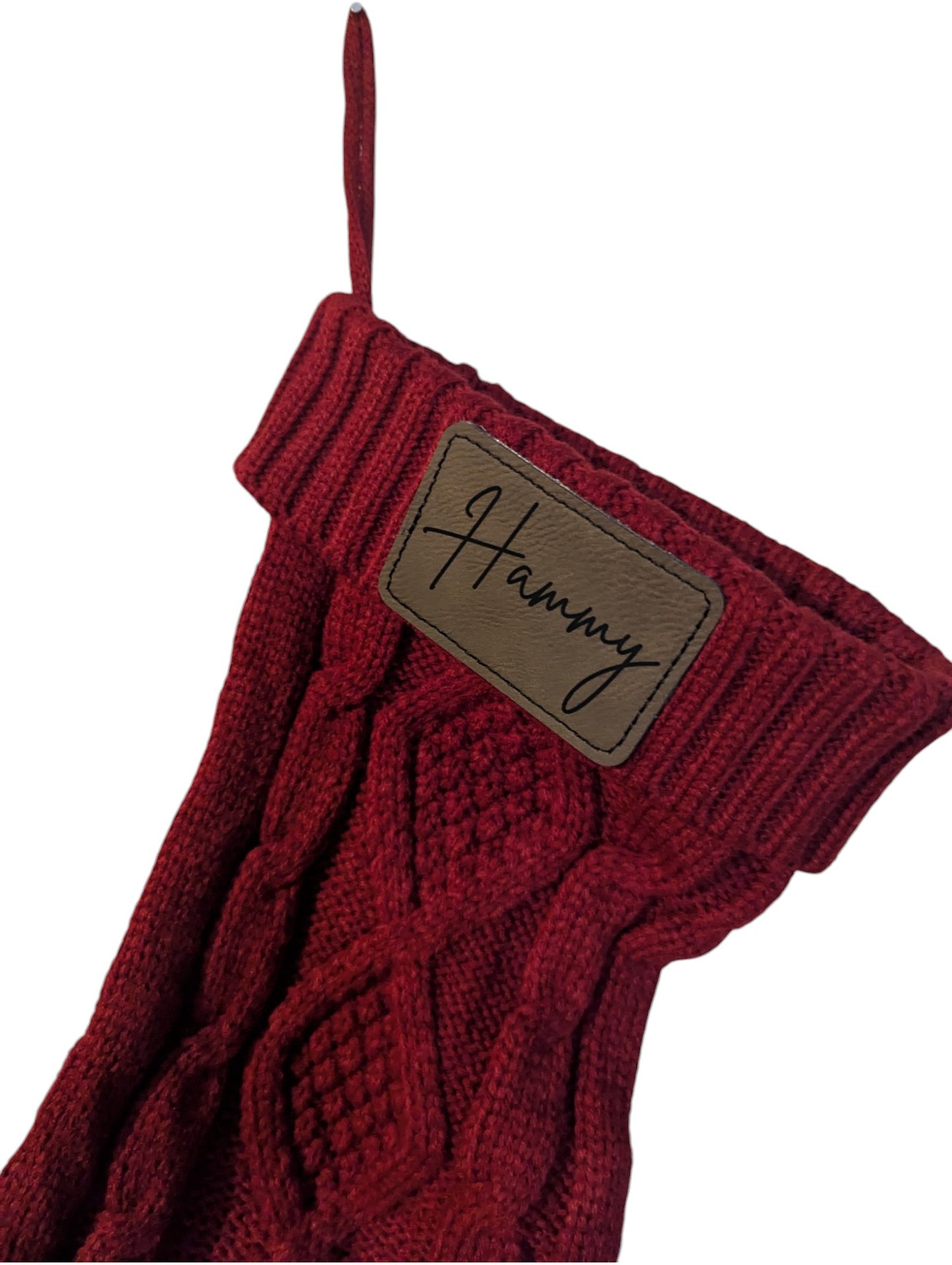 Knit Christmas Stocking with Custom Leatherette Name Patch