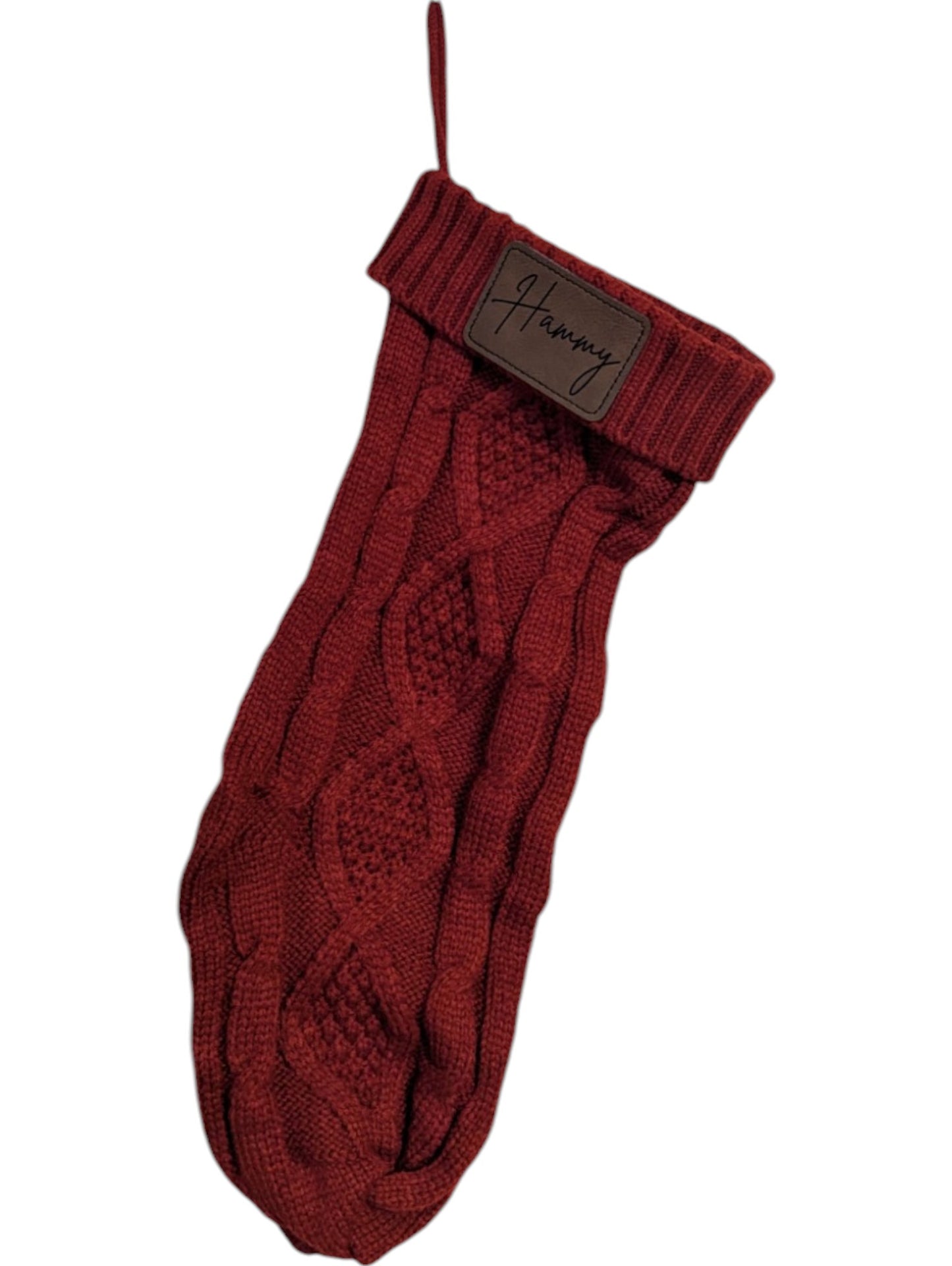 Knit Christmas Stocking with Custom Leatherette Name Patch