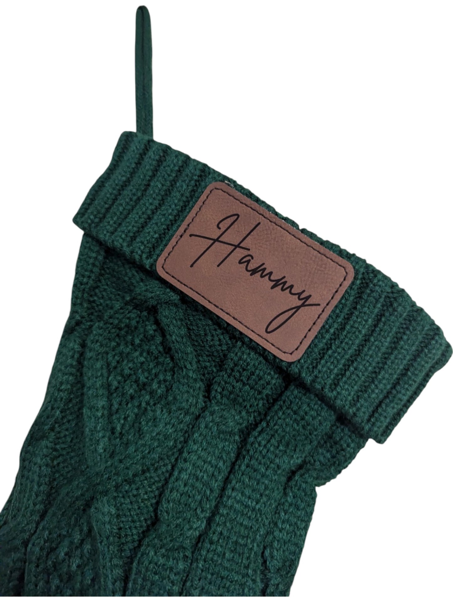 Knit Christmas Stocking with Custom Leatherette Name Patch
