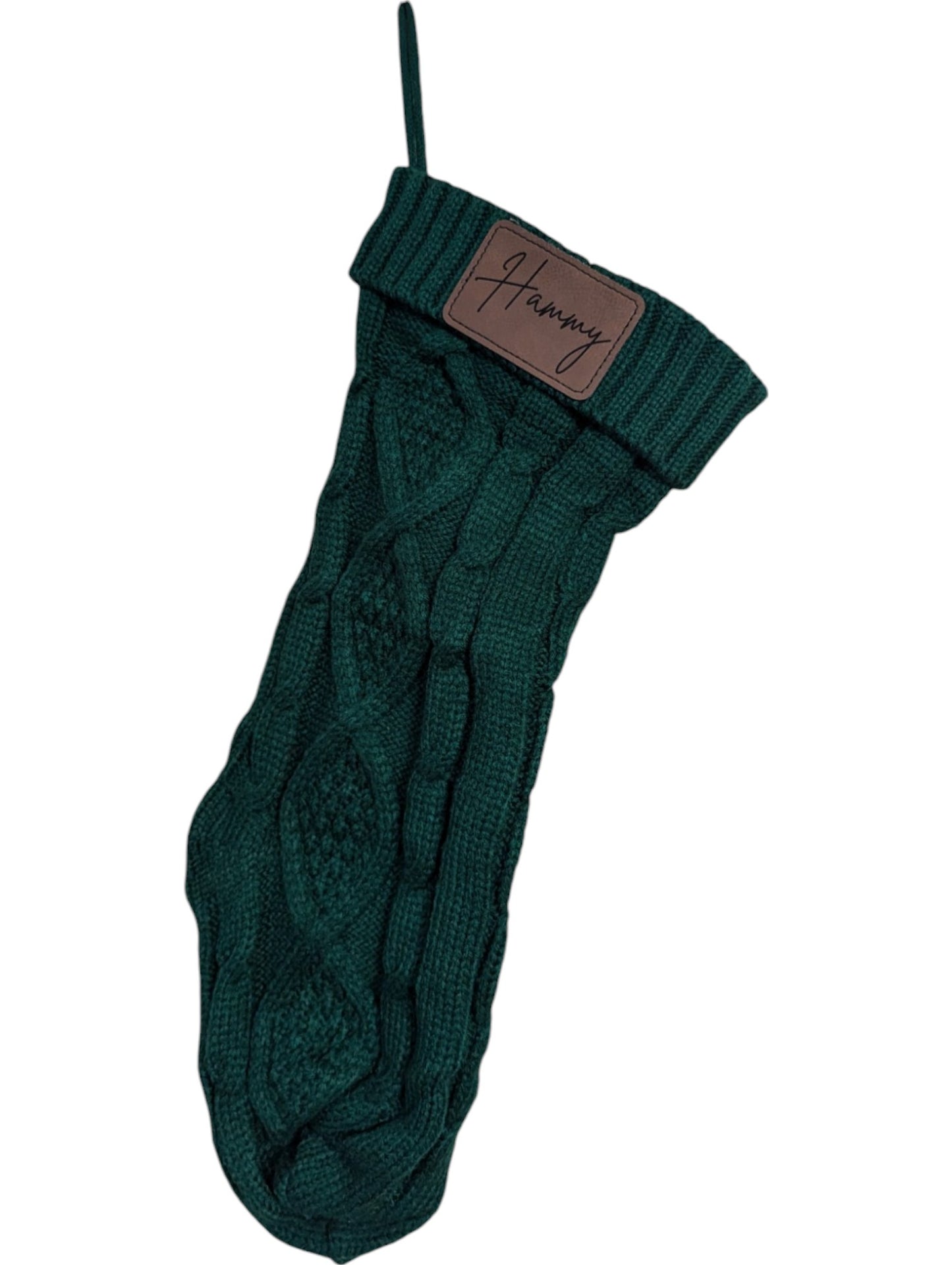 Knit Christmas Stocking with Custom Leatherette Name Patch