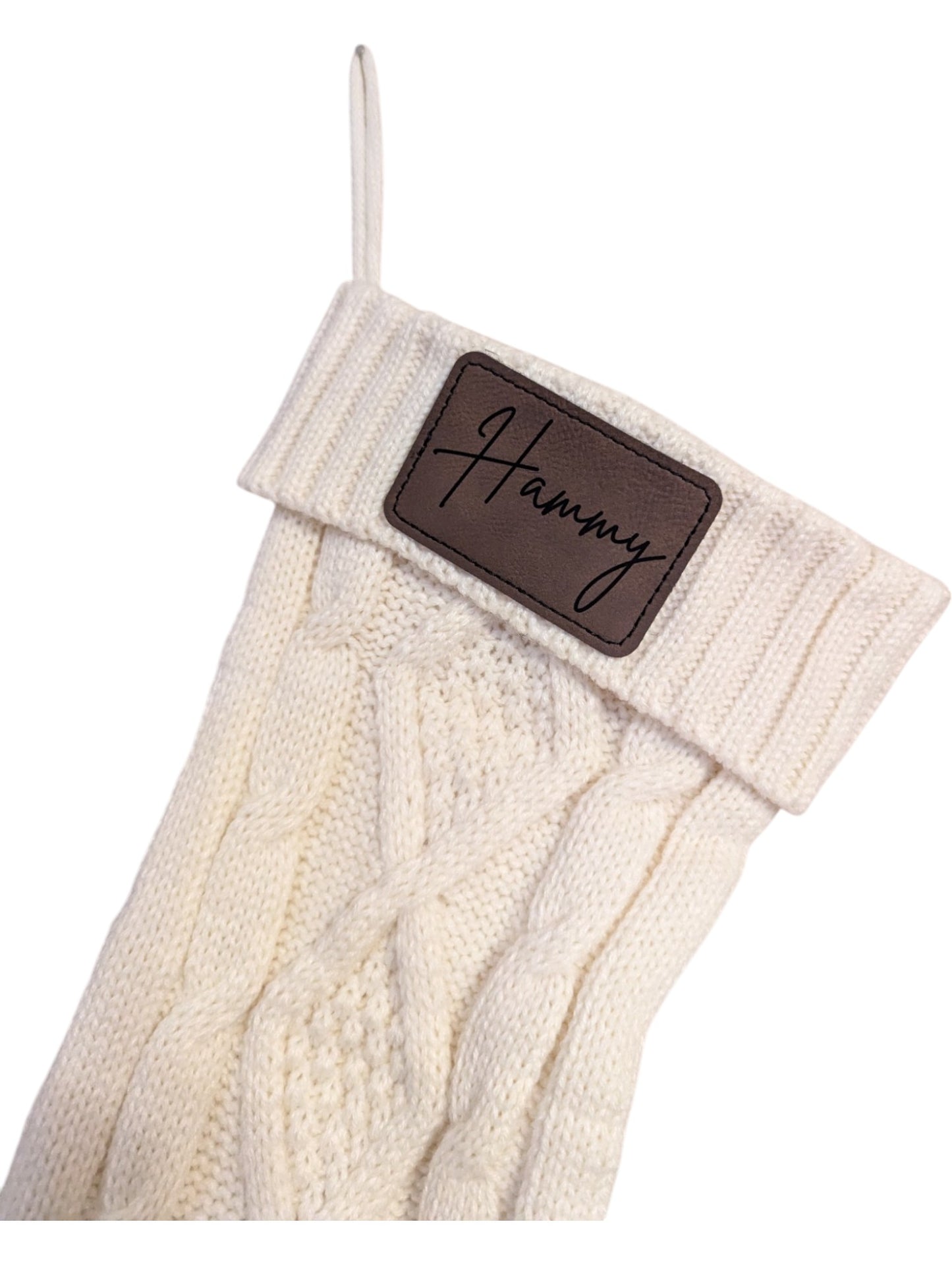 Knit Christmas Stocking with Custom Leatherette Name Patch