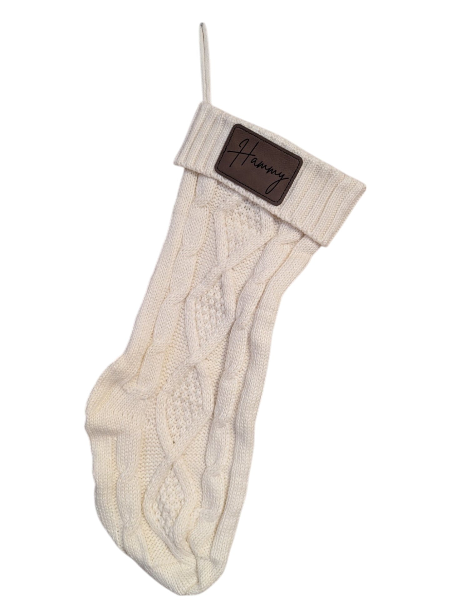 Knit Christmas Stocking with Custom Leatherette Name Patch