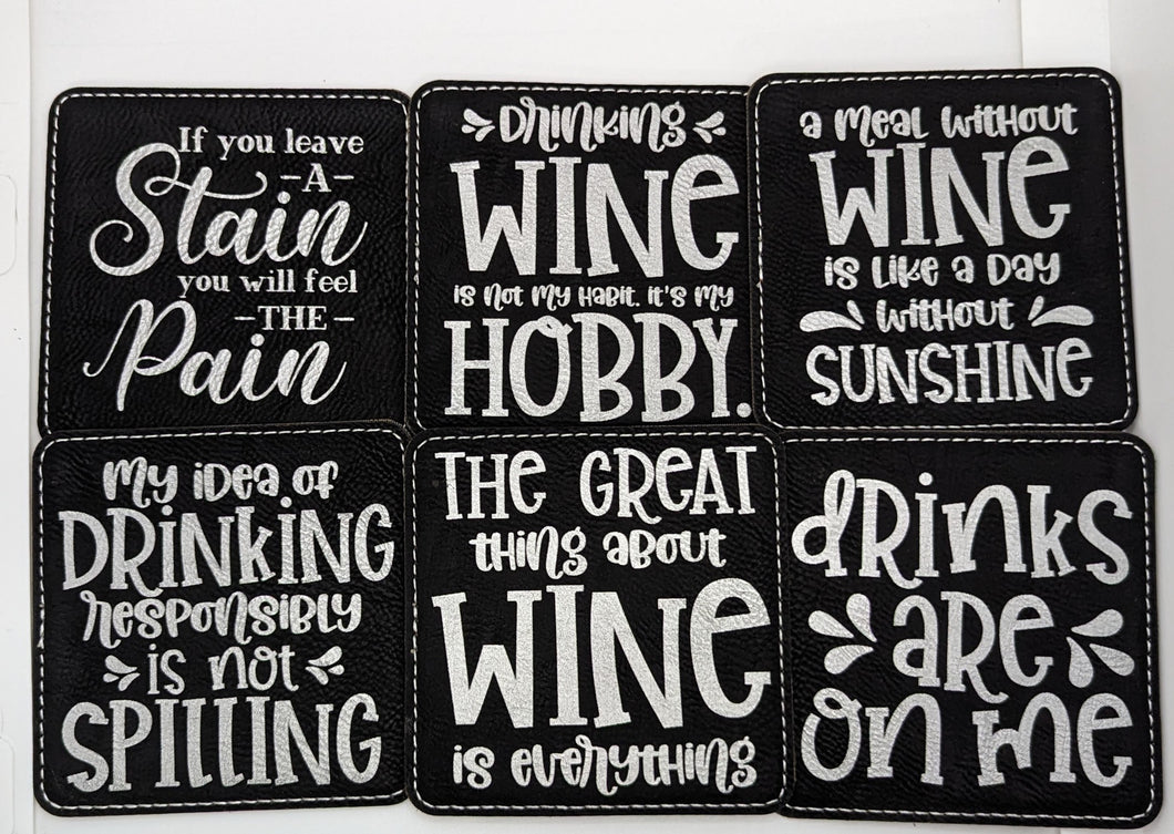 Wine Themed Black/Silver Leatherette Coaster Set