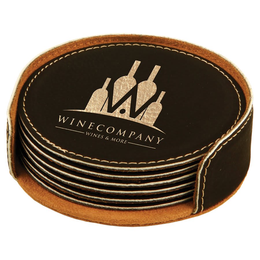 Custom Engraved Round Leatherette Coaster Set