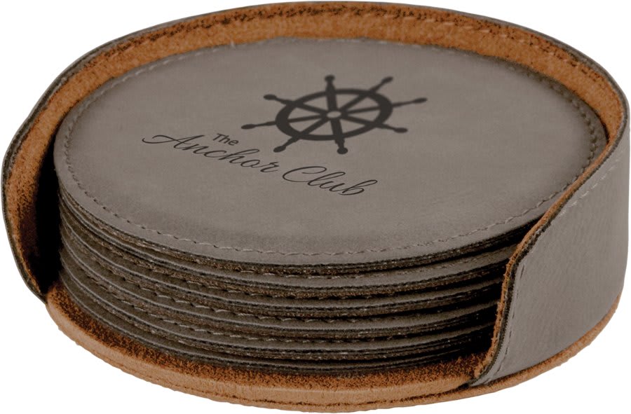 Custom Engraved Round Leatherette Coaster Set