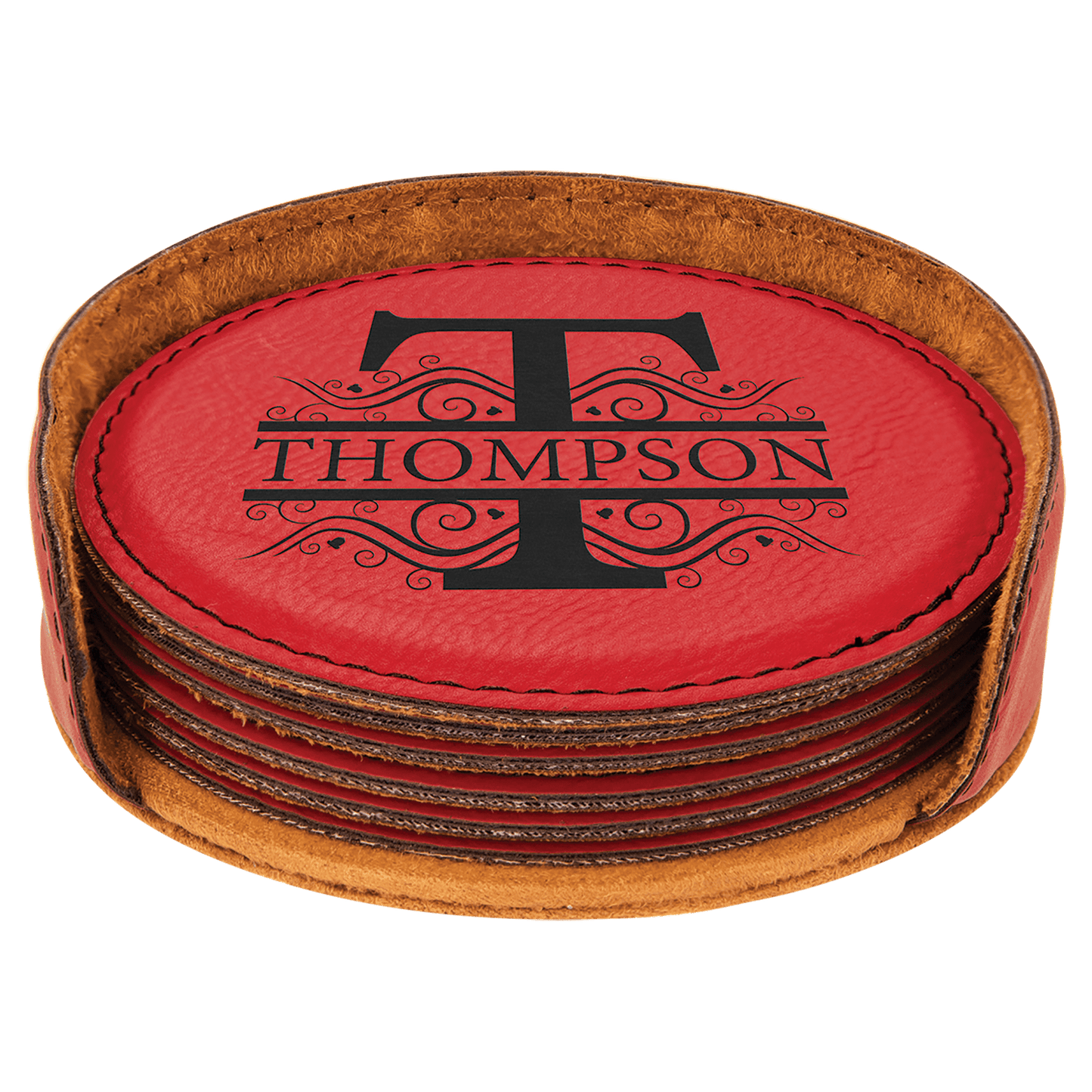 Custom Engraved Round Leatherette Coaster Set