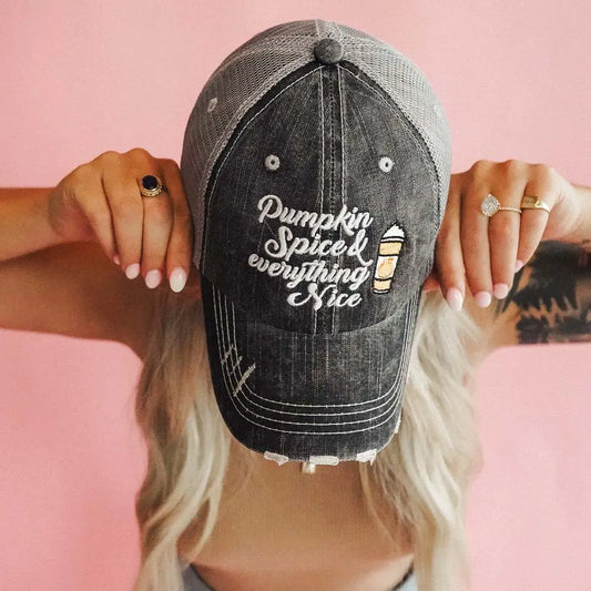 Pumpkin Spice & Everything Nice Distressed Trucker Hat